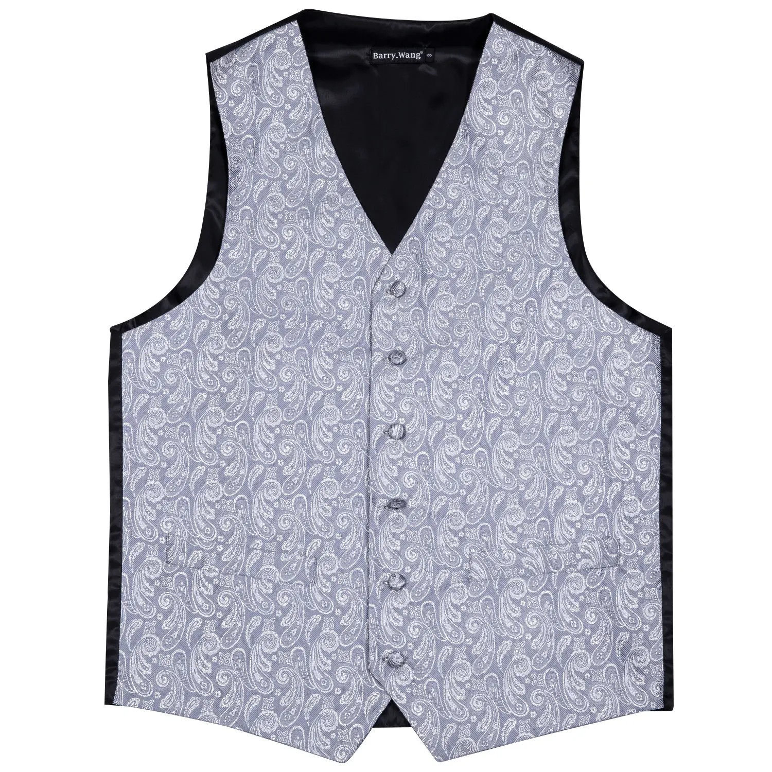 4PC Mens Silk Vest Party Wedding Sliver Paisley Solid Floral Waistcoat Vest Pocket Square Tie Slim Suit Set Barry.Wang BM-2019