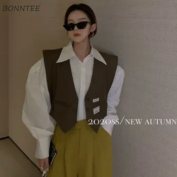 

Vests Women Chic Patch Designs Solid Vintage Sleeveless Single Breasted Ladies Cropped Jackets All-match BF Style Fashion Coats