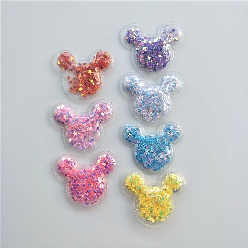 

28pcs/lot Small Size 3.8*3.2cm Mouse Head Transparent Bling bling Flowing Patches Appliques for DIY Children Clip Accessories