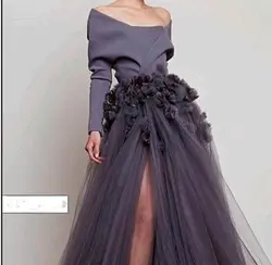 Сексуальное серое длинное вечернее платье Robe De Soiree Vestidos De Festa с длинными рукавами выпускное платье в Саудовской Аравии Тюлевое вечернее