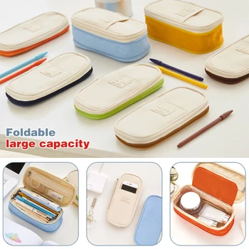 

Hot Macaron Color Canvas Pencil Case Foldable Double Layer Large Capacity Stationery Pen Box Cute Pencilcase Storage Kids School