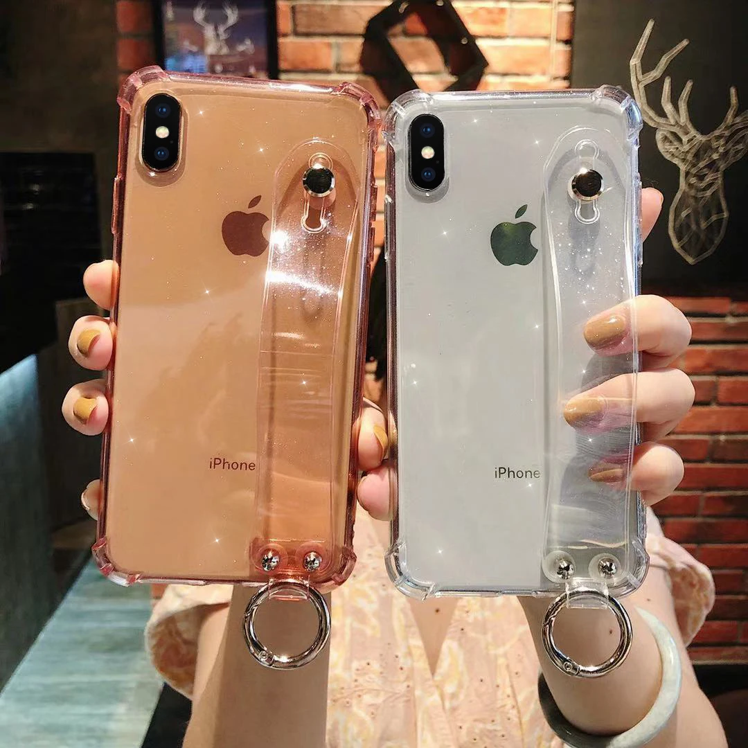 

SUYACS Glitter Clear Phone Case For iPhone XR XS MAX X 6 6S 7 8 Plus Wrist Band Soft Shockproof Full Body Phone Back Cover Case
