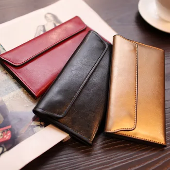 

Europe and America Long Wallet Women's Genuine Leather Buckle Simple Business Cowhide Thin Wallet