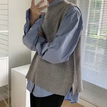 Осенний свитер жилет Мужская теплая Модная однотонная повседневная мужская одежда с v-образным вырезом вязаный толстый свитер без рукавов Мужская Уличная одежда