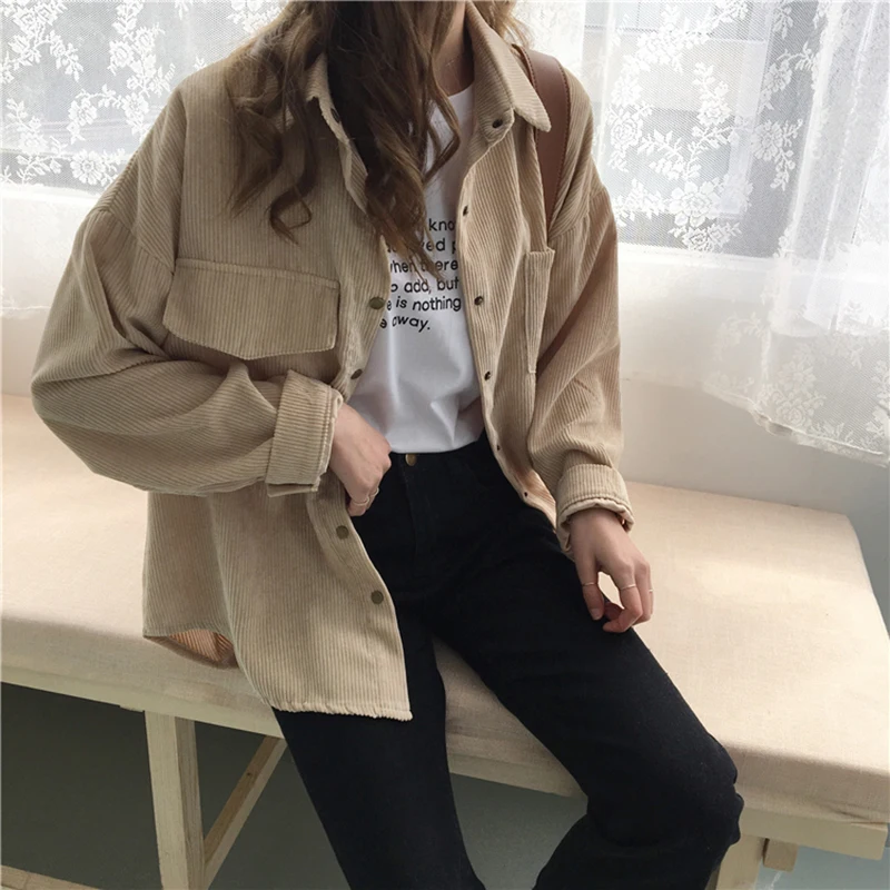 Online Corduroy Shirt Coat Women Fashion Long Sleeve Preppy Wide Waist Turn Down Collar Crop Jacket Women Harajuku Casual Pocket Jaket