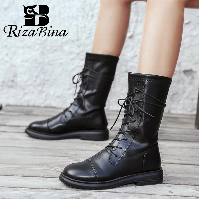 RIZABINA/женские ботинки до середины икры; сезон осень-зима; повседневная женская обувь на плоской подошве с перекрестными ремешками; Цвет Черный; модная обувь В рыцарском стиле; Размеры 35-40