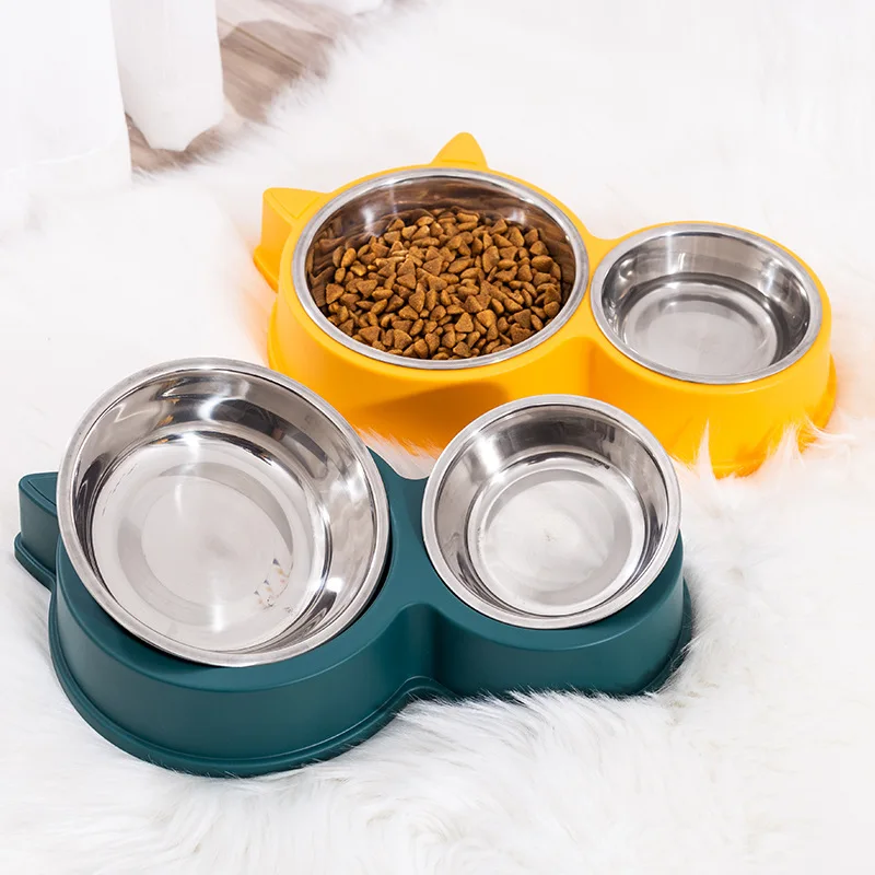 Pet Cat Double Bowl Dog Kitten Food Water Feeder Stainless Steel Pets Drinking Dish for Cat Dog Puppy Feeding Bowls Pet Supplies