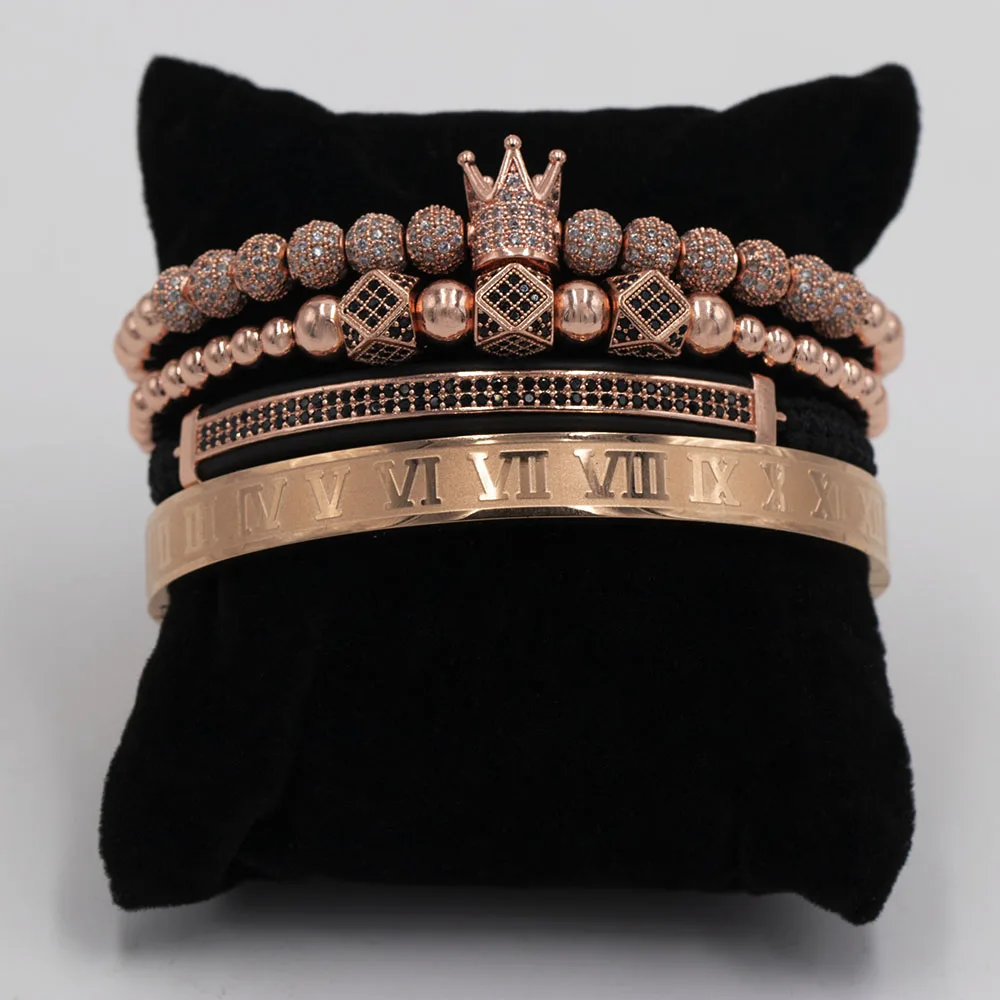 4 pcs set rose gold Мода роскошный Римский Королевский браслет с шармом с короной для мужчин Золотой Плетеный Регулируемый мужской браслет для хип хоп ювелирный подарок - Metal Color: 4 pcs set rose gold