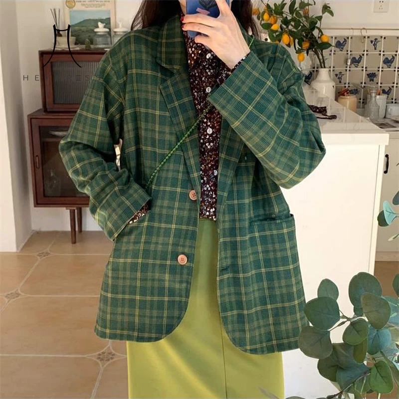 Heydress Осенняя Новая женская зеленая клетчатая Блейзер офисная Дамская однобортная верхняя одежда женские свободные куртки с воротником