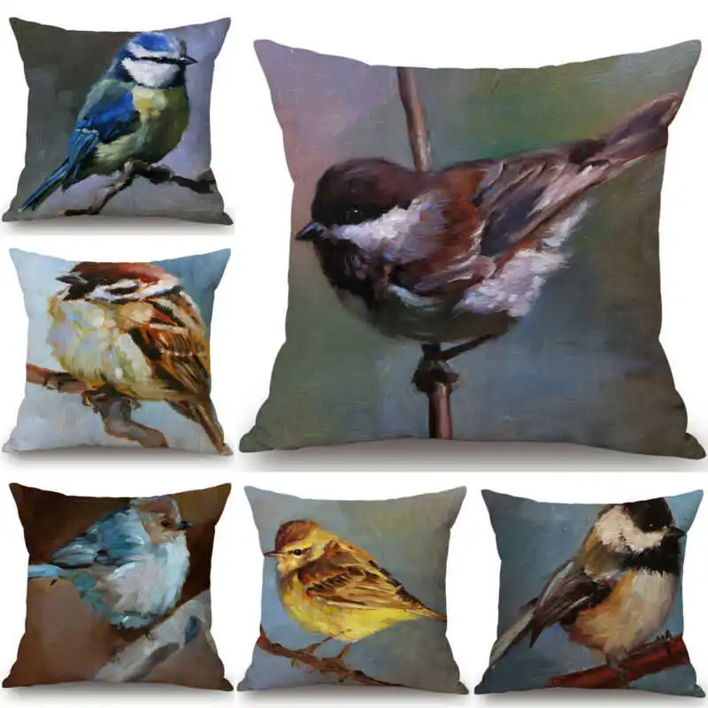 

Oil Paintings Car Cotton Cushion Pillow Cover Home Sofa Linen Bird Case Decor