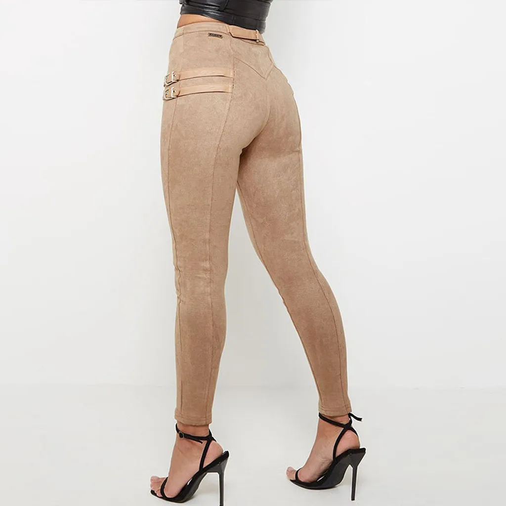 Женские облегающие брюки, экстравагантные сексуальные уличные длинные брюки, женские осенние повседневные брюки с высокой талией, замшевые узкие брюки, дышащие штаны с пряжкой