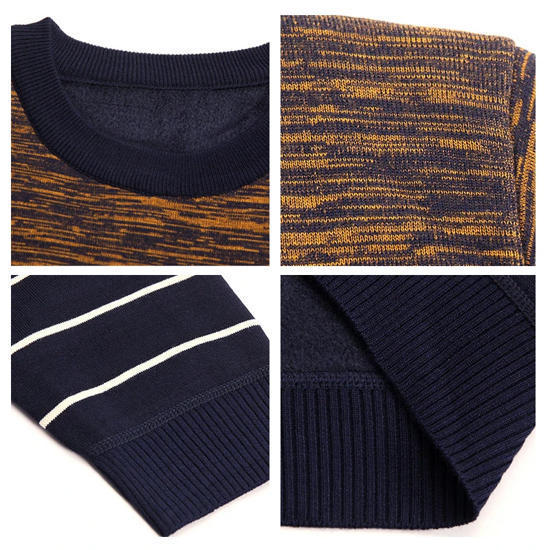 Flash Sale Winter New Slim Fit Sweaters Men Round Neck Stripe Casual Plush Thickened Sweater Men's Warm Sweater Knitwear Men Winter Clothes