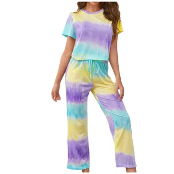 

2020 Popular Women's Gradient Color Tie-dyed Printed Sleepwear Home Service Set Short Sleeve And Long Pants Pajamas #3