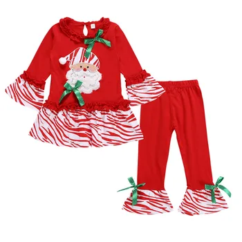 

Explosion models Christmas girls suit autumn big red trumpet sleeve embroidery Santa T-shirt striped lace wide leg pants
