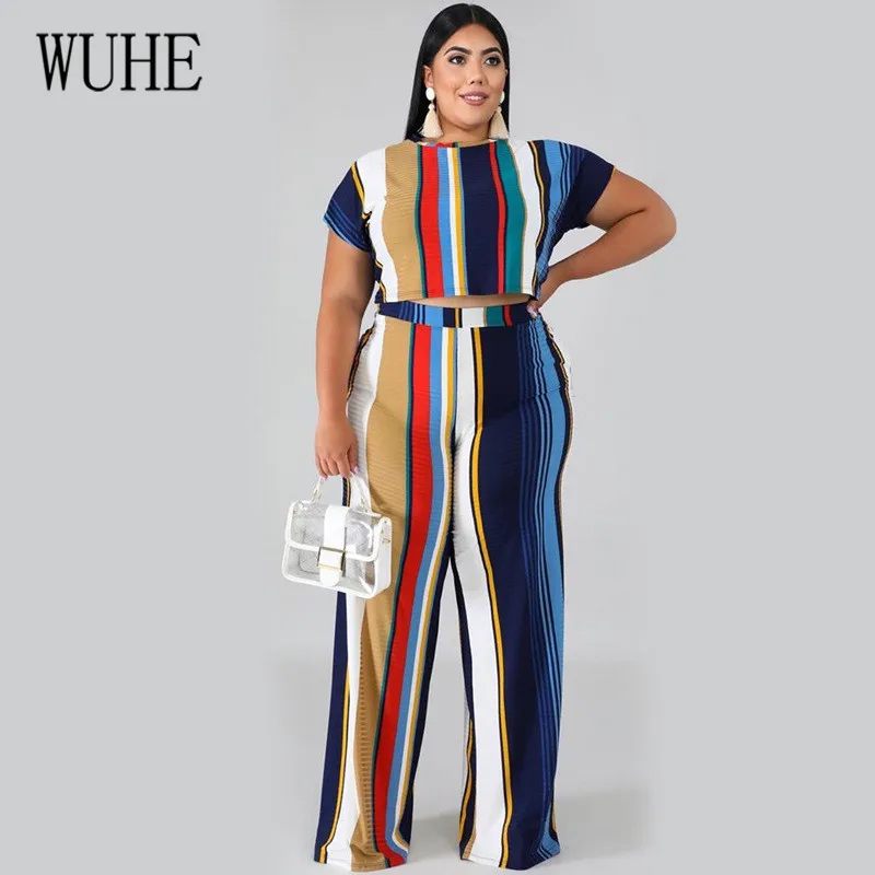 Royal Blue WUHE/комплект из двух предметов полосатый пляжный костюм элегантный топ с круглым вырезом и короткими рукавами+ свободные штаны летний женский повседневный комбинезон большого размера 5XL - Цвет: Royal Blue