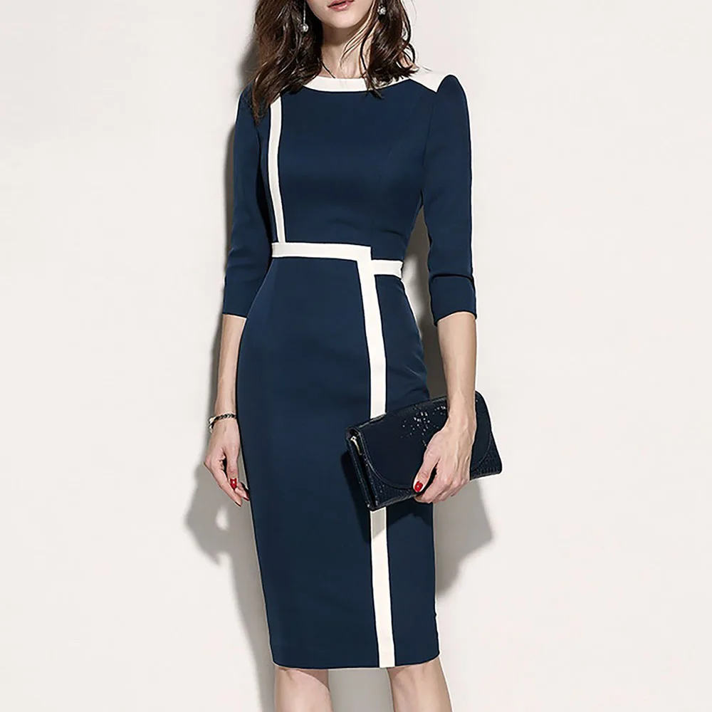 

Woemn Office Dress 2019 Autumn Patchwork Bodycon Long Dresses Office OL Causal Plus Size Retro Long Robe Vestidos Black/Blue