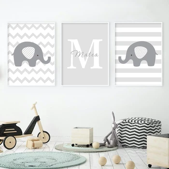 

Personalized Baby's Name Custom Gray Elephant Nursery Canvas Painting Poster Wall Art Pictures Decor Kid Bedroom Home No Frame