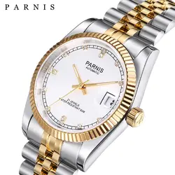 Parnis 29 мм Мужские часы золотые автоматические мужские женские элегантные бриллиантовые нержавеющая сталь браслет с календарем