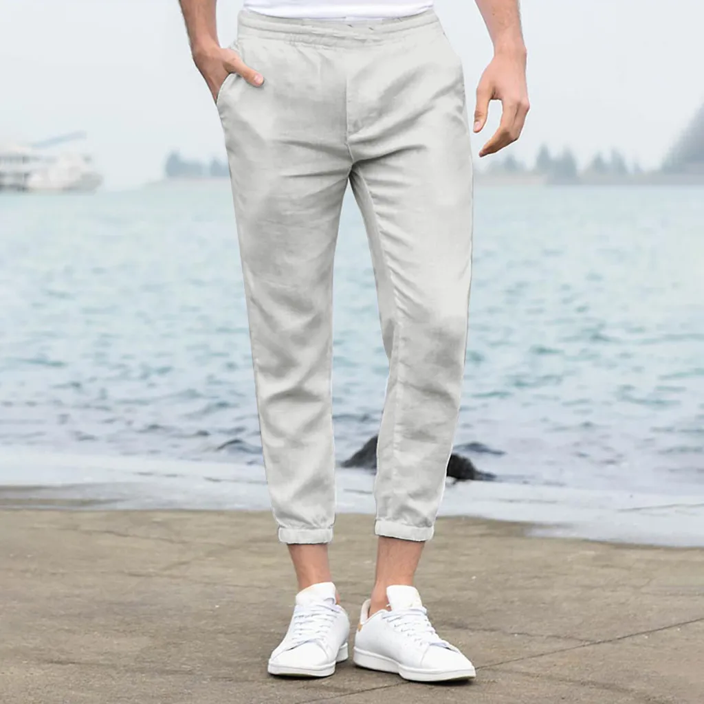 Мужские брюки, модные мужские льняные брюки, белые брюки для работы, повседневные мужские однотонные прямые спортивные хип-хоп длинные штаны с эластичной талией, j731 - Цвет: BG