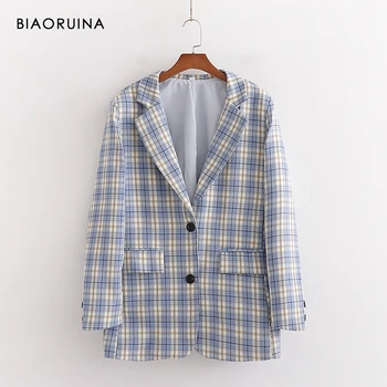 

BIAORUINA England Style Plaid Single Breasted Jacket Turn-down Collar Female Korean Style Loose Elegant Coat Outerwear
