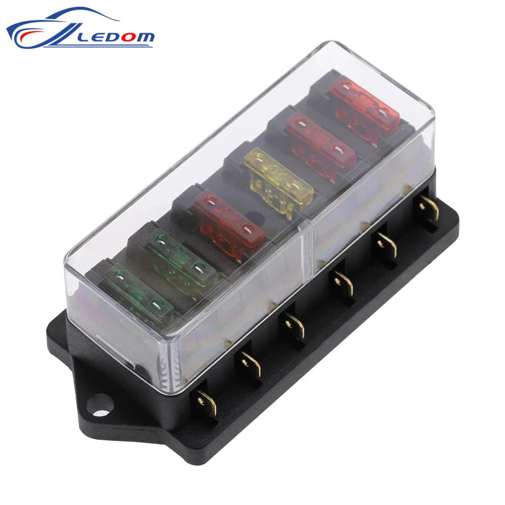 

Circuit Standard 6 Way ATO Blade Fuse Box Plastic Cover DC12V 24V Car Fuse Block Holder with 6Pcs 3A-30A Fuses and Clip for Auto