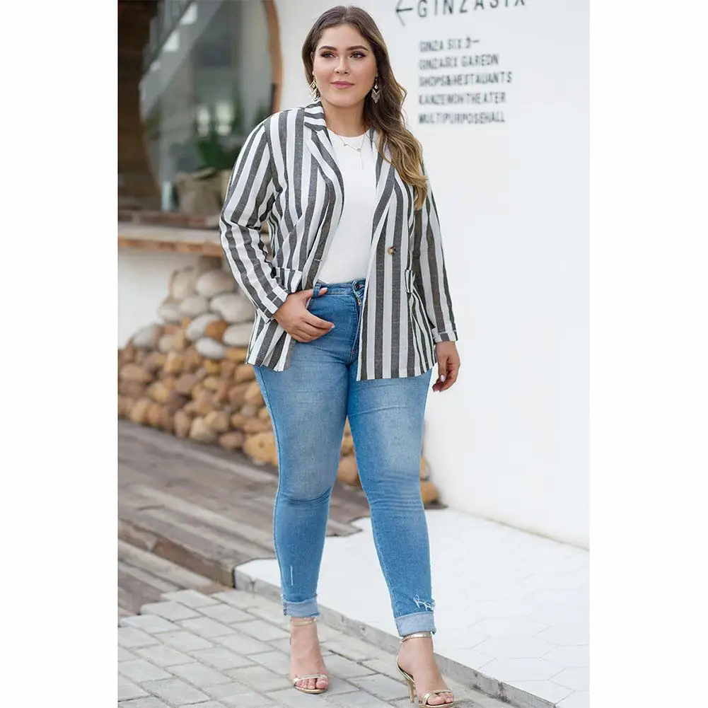 MISSKY Fuller Figure Lady Women Suit Coat Stripe Lapel Combined Color Over Size Loose Casual Coat Spring Autumn Female Tops
