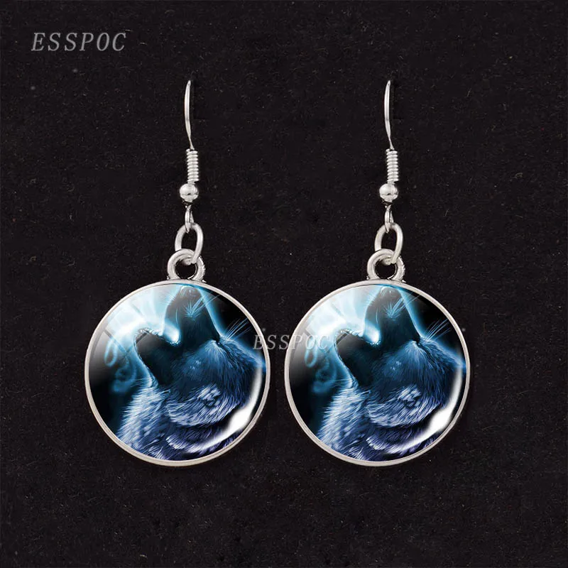 

Wolf Pattern Dangle Earrings Howling Wolf Glass Cabochon Pendant Hook Earrings for Girlfriend Sisters Mom Gifts