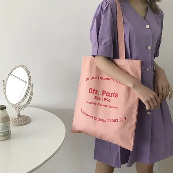 

Women Canvas Shopping Bag Paris Letters Print Shoulder Bag Eco Cotton Linen Shopper Bags Cloth Fabric Handbag Tote For Girls