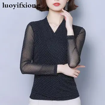 

Long Sleeve Polka Dot Print Lace Blouse Women Shirts Korean Fashion Cross V-neck Womens Tops and Blouses Office Camisas Mujer