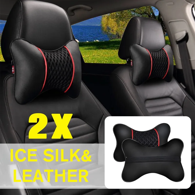 2Pcs PU Leather Car Seat Pillow Headrest Neck Rest Pillow Car Cover