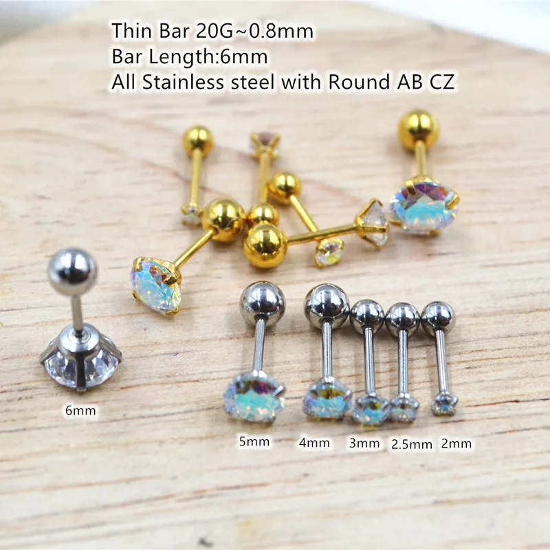 

50pcs Body Jewelry Piercing - Thin Bar 20G~0.8mm Round AB CZ Gems Earring Ear Helix Bar Lobe Cartilage Tragus Diath Studs