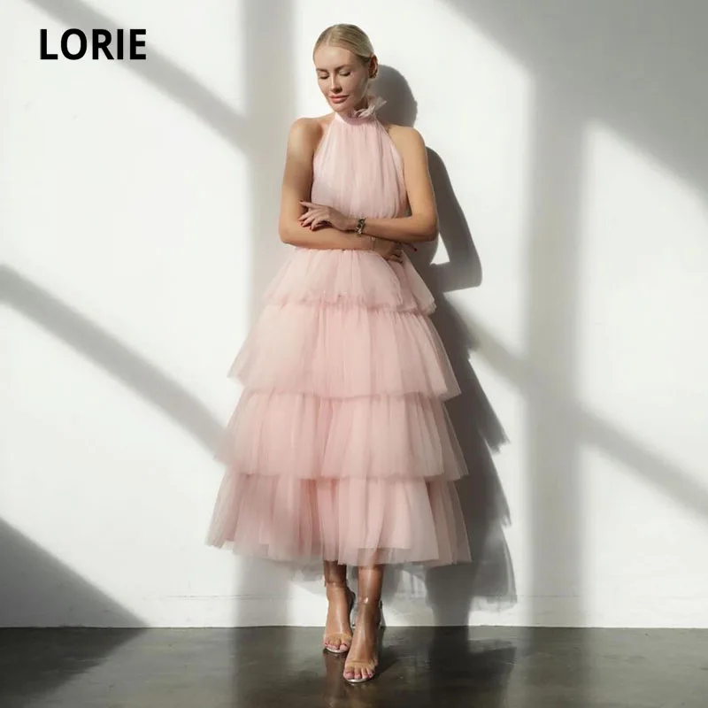 LORIE Baby Pink Prom Dresses Tea Length Tiered Tulle Cupcake Special Occasion Baby Blue Simple Girl Wedding Party Dress