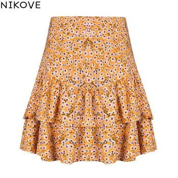 

NIKOVE 2019 New Summer Side Zipper Fashion Women Skirts Holiday High Waist Printed Ruffled Sexy A-line Skirt Size S-XL