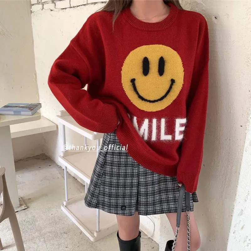 Smiling face lazy pullover sweater y2k women's autumn and winter  fashion age reduction round neck bottoming sweater 2021 turtleneck sweater Sweaters