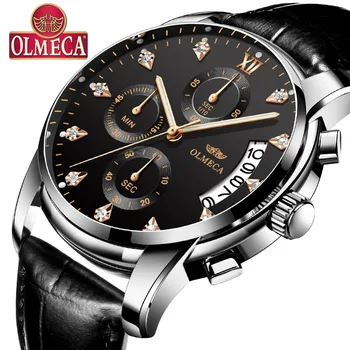 

OLMECA Men's Watches Fashion Luxury Quartz Watches Auto Date Black Leather Strap Waterproof Chronograph Clock Relogio Masculino