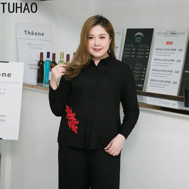

TUHAO Spring Autumn Black White Embroidery Floral Blouse Shirt Female Shirt Oversized 9XL 8XL 7XL 6XL Formal Blouse OL WSFS