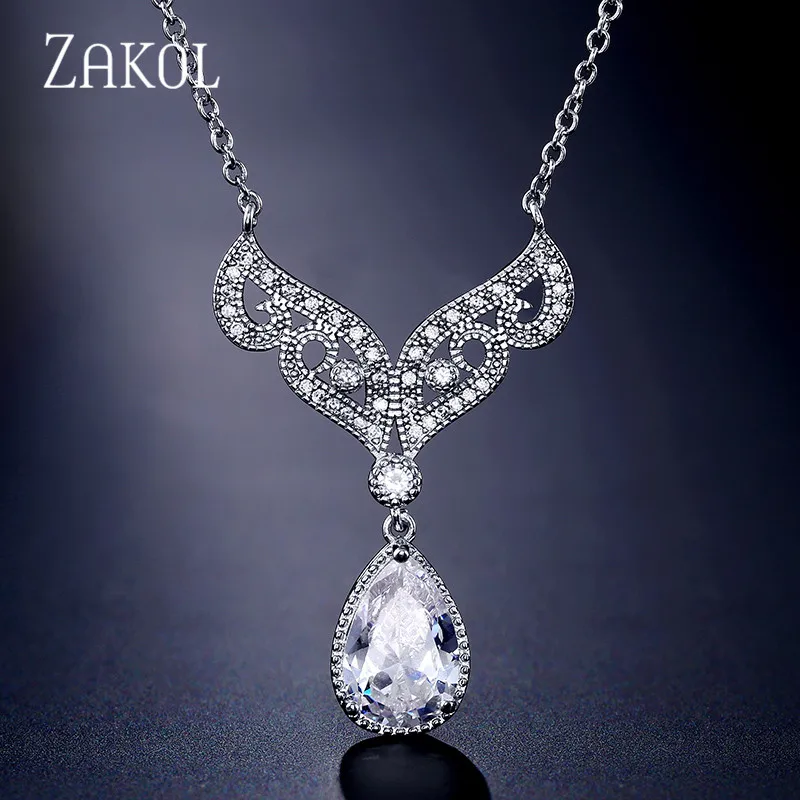 Sliver Color ZAKOL Новое поступление изысканное каплевидное кубическое циркониевое хрустальное ожерелье в форме крыльев для женщин и девушек Подарок FSNP2091 - Окраска металла: Sliver Color
