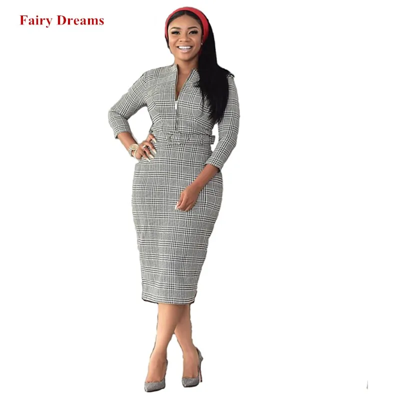 Dress Women African Dresses Plaid African Clothes Ankara Autumn Spring Summer Pencil Dress Ropa Dama Office Lady African Clothing - Цвет: Dress