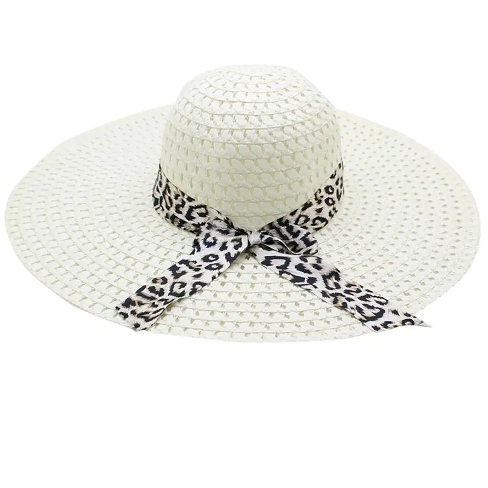 Women Leopard Print Big Brim Straw Hat Sun Floppy Wide Brim Hats Beach Cap Fashion Embroidery Baseball Caps Men Women Snapback - Цвет: Milk White