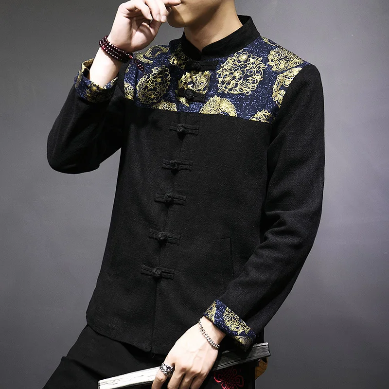

2020 spring and autumn jacket men's large size loose Chinese style linen top Hanfu trend coat buckle embroidery hip hop Black