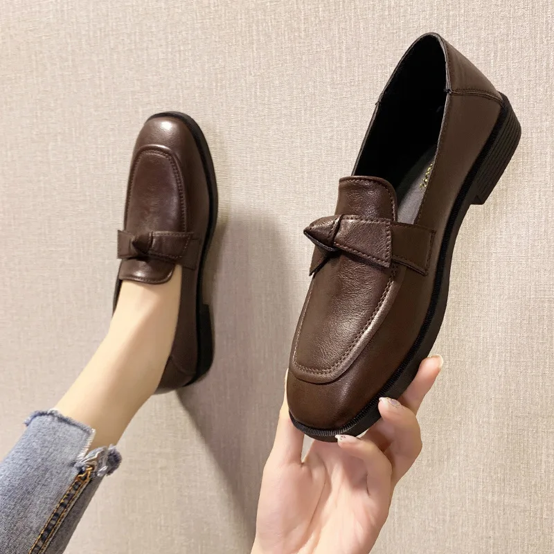 

Women Shoes Bowtie Flat Spring Derby Shoes Ladies Oxfords Solid Black Leather Platform Slip on Female Comfort Fashion Footwear