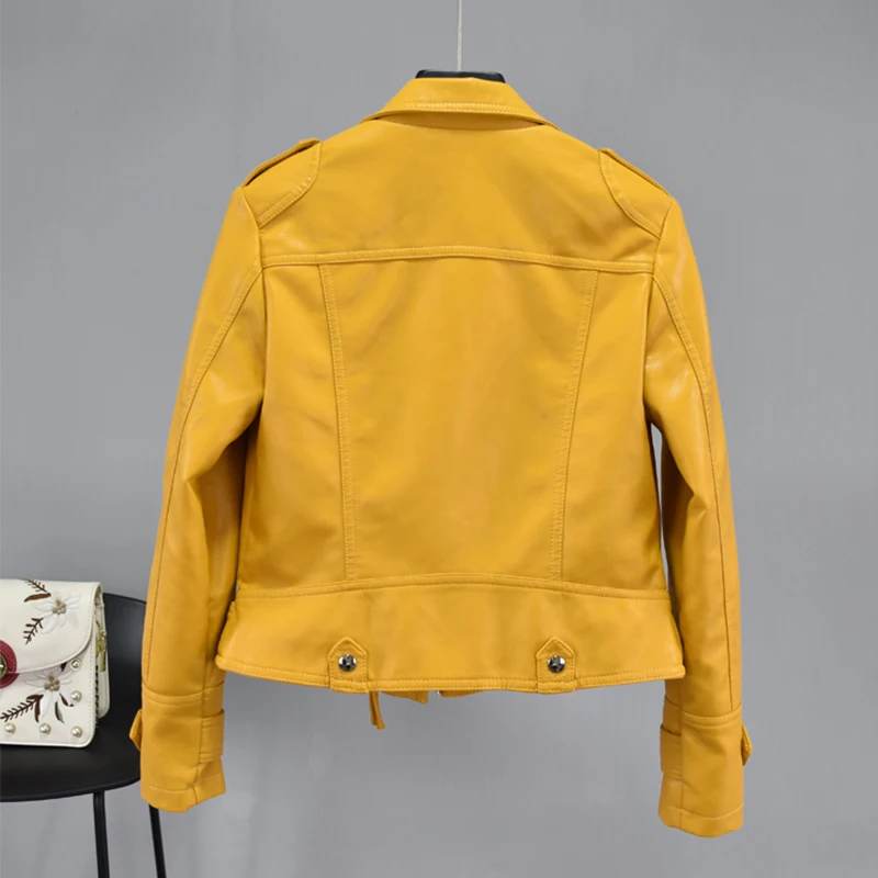 

New Spring Faux Soft Leather Jacket Moto Rivet Zipper Short Faux Pu Leather Jackets Turndown Collar Epaulet Female Coat