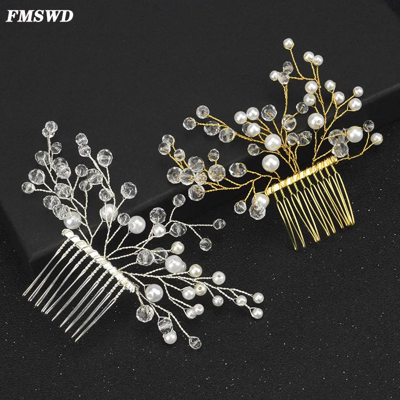 

FMSWD Fashion Simple Gold Snd Silver Imitation Pearl Bride Head Comb Tiara Wedding Decoration Handmade Crystal Hair Com