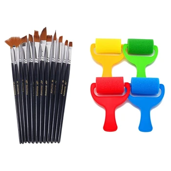 

12 Pcs Nylon Hair Watercolor Oil Painting Pen & 4Pcs Sponge Brush Paint Roller Kid Art Craft Painting Tool