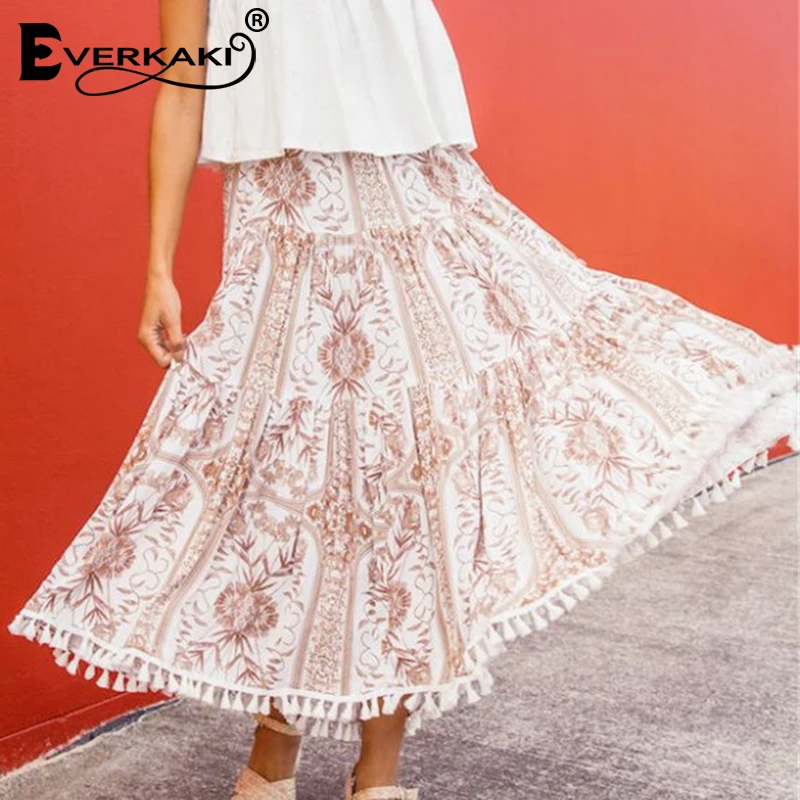 Everkaki Boho печать кистями длинная юбка Женская эластичная талия низ винтажные женские богемные юбки женские Лето Осень новинка