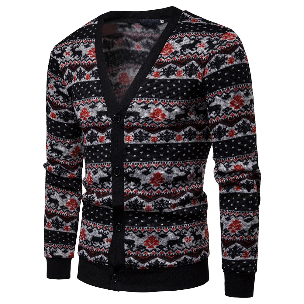 Christmas Sweater Men Winter Casual Wool Elk Printed Long Sleeve Matching Pull Homme Cardigan Pullover Tops Men
