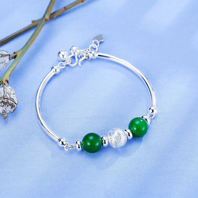 Bague Ringen Серебряный 925 нефритовый браслет, Круглый Зеленый Халцедон, Открытый регулируемый размер, очаровательные женские ювелирные изделия, женские вечерние, подарок