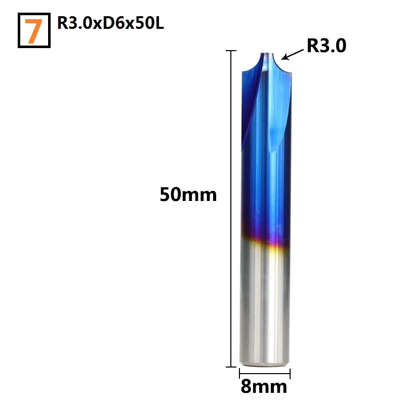 R3xD8x50L 1 шт. R0.5-R5.0 Nano с синим покрытием угловая закругленная Концевая фреза ЧПУ Концевая фреза карбид фреза фаска Концевая фреза - Длина режущей кромки: R3xD8x50L