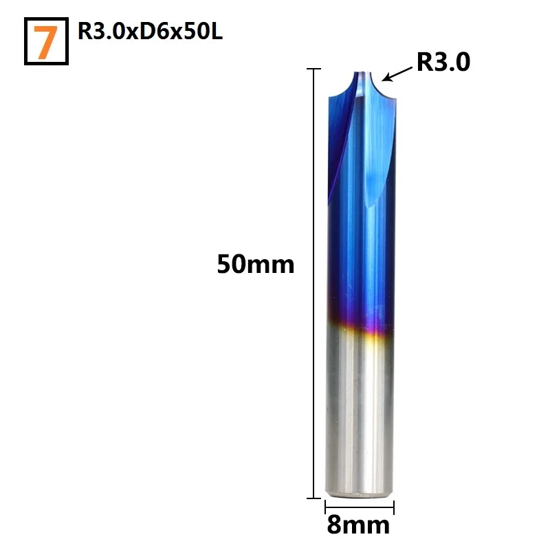 1 шт. R0.5-R5.0 Nano с синим покрытием угловая закругленная Концевая фреза ЧПУ Концевая фреза карбид фреза фаска Концевая фреза - Длина режущей кромки: R3xD8x50L
