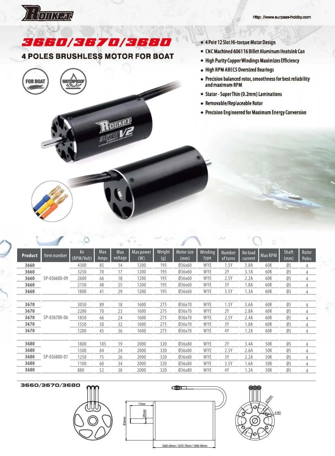 Rocket 3660 rc boat parts waterproof brushless dc motor electric for boats brushless motor with 5mm shaft